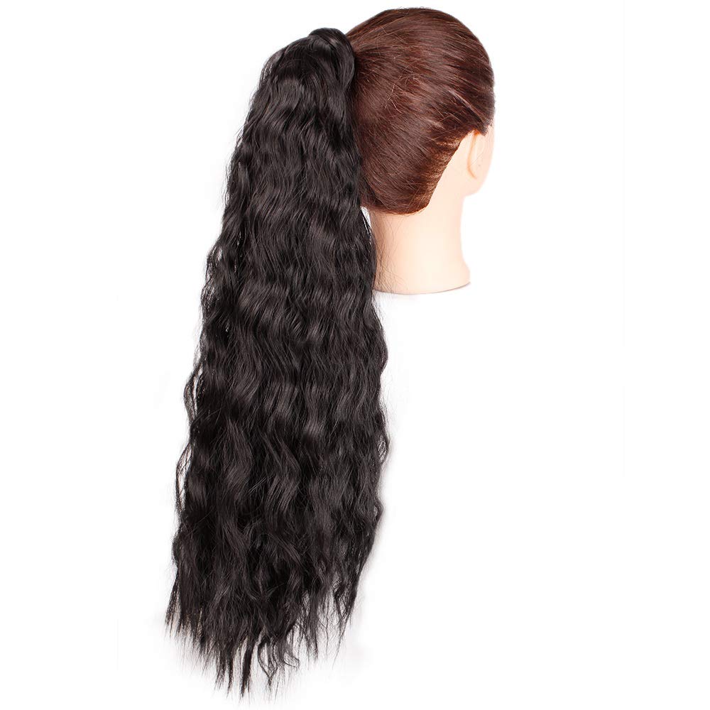 Sidaila 22” Long Curly Ponytail Extension Wrap Around Corn Wavy Ponytail Hairpieces Magic Paste Synthetic Ponytail Hair Extension for Black Women Lady Girls