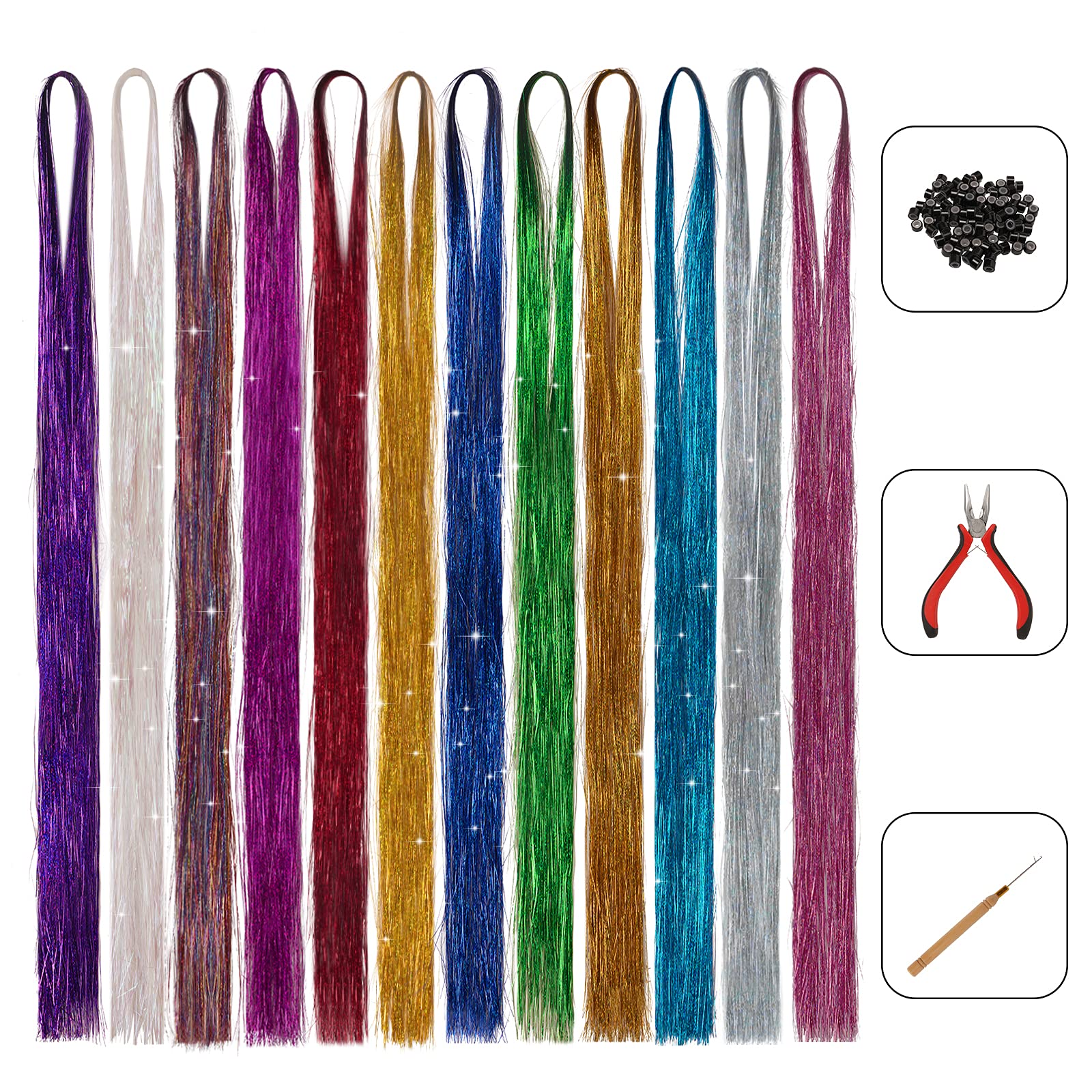 Sidaila Hair Tinsel Kit Heat Resistant 44 inch Sparkling Shiny Tinsel Hair Extensions Kit 12 Colors Glitter Fairy Hair Tinsel Strands Synthetic Silk Tinsel for Women Girls Kids (3600 Strands)