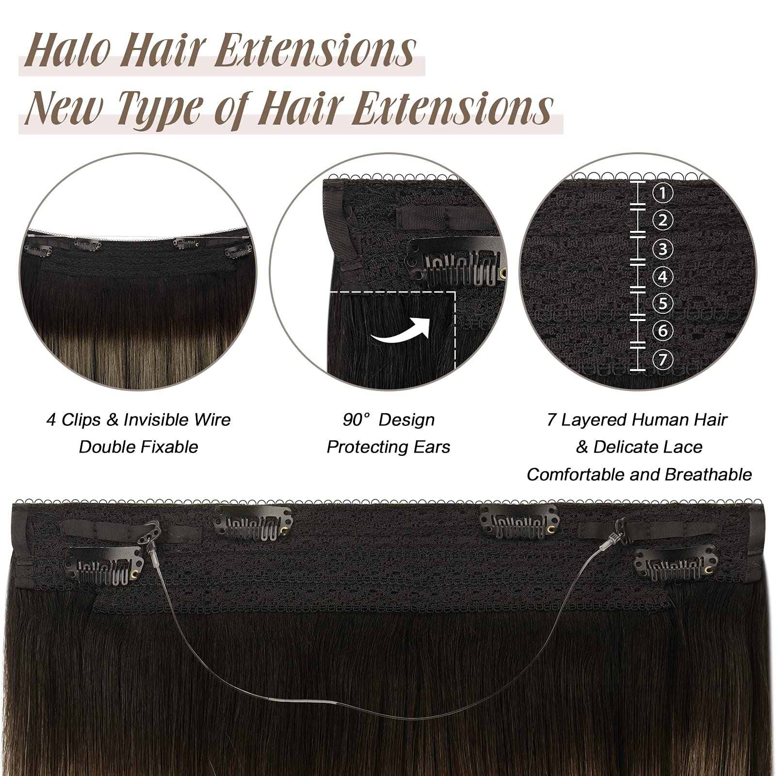 Sidaila Haloo Hair Extensions Real Human Hair Ombre Natural Black Mixed Light Blonde 20 inch 100g Haloo Extensions with Invisible Fish Line Layered Straight Human Hair Extensions Hairpiece