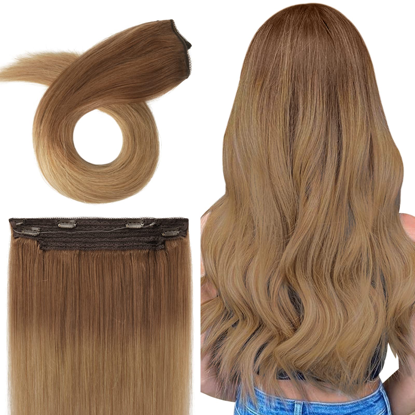 Sidaila Haloo Hair Extensions Real Human Hair 18 inch Ombre Light Brown to Warm Blonde 90g Human Hair Extensions Straight Invisible Hair Extensions with Fish Line